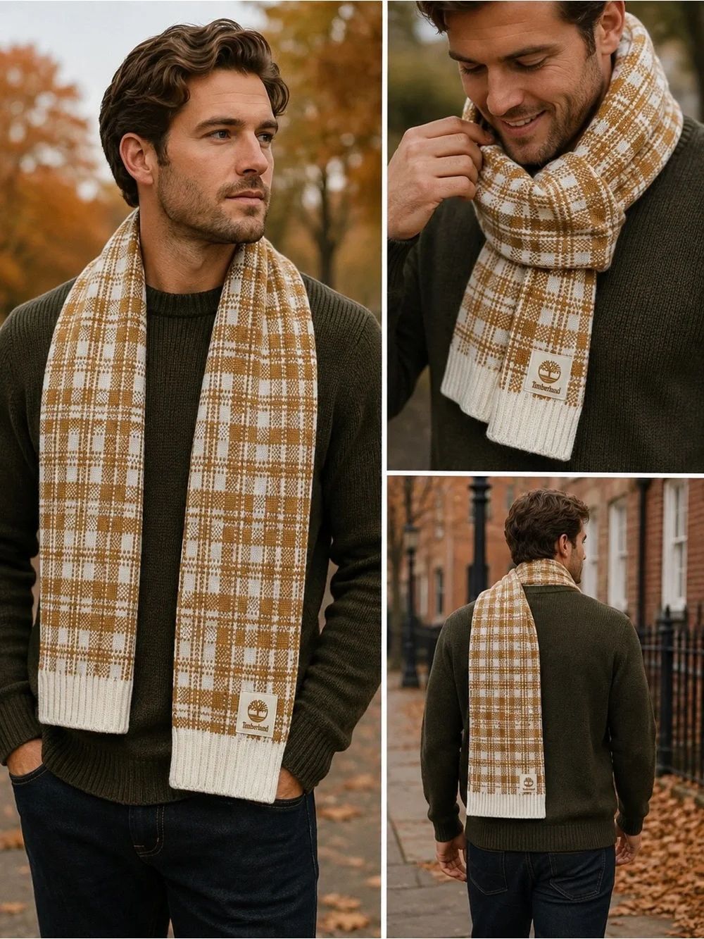 Timberland Plaid Knit Scarf NWT Tan Cream Winter Scarf Unisex Soft Cozy